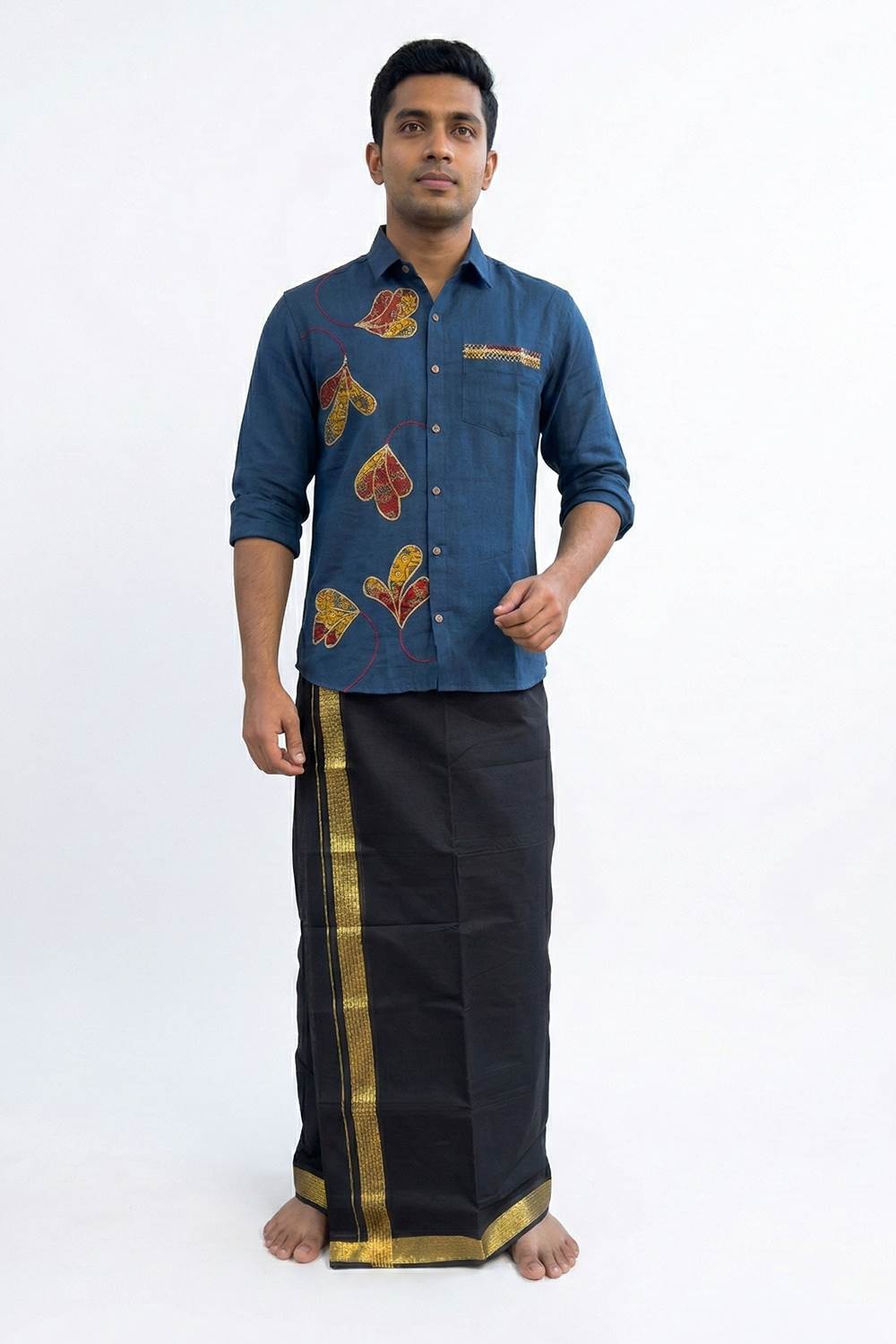 Black handloom dhothi with Golden Stripe Border