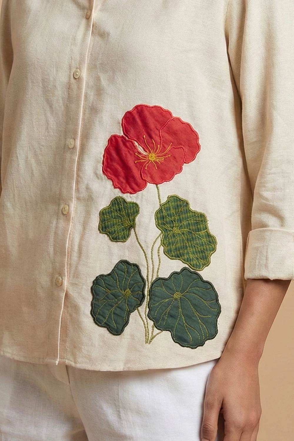 Offwhite Chinese Collar Applique Flower Shirt