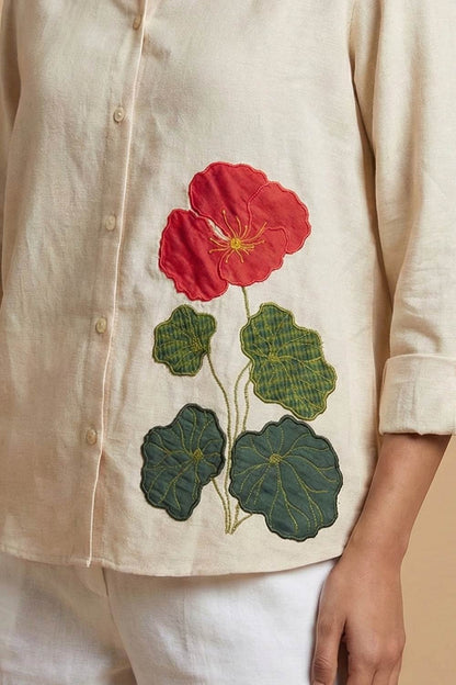 Offwhite Chinese Collar Applique Flower Shirt