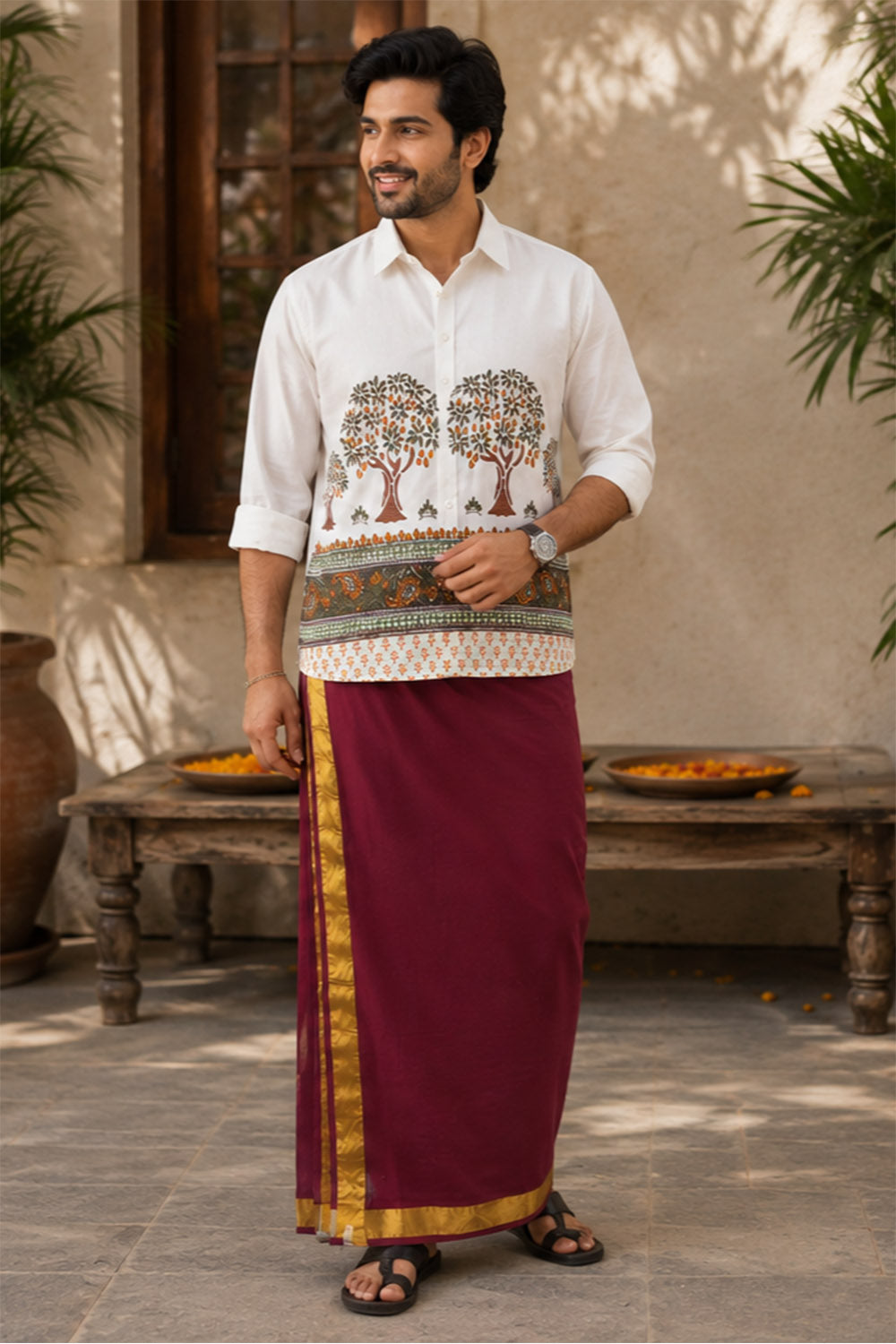 Maroon Dhothi with Golden Kara