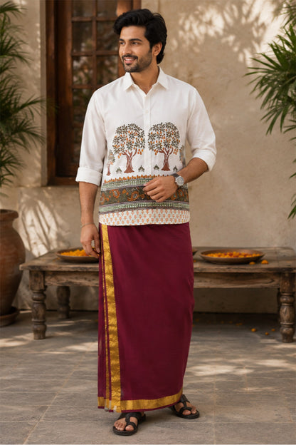 Maroon Dhothi with Golden Kara