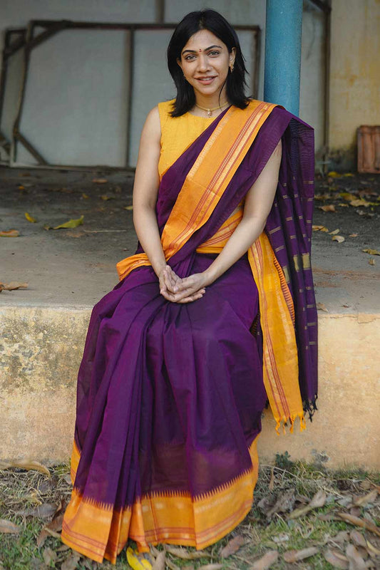 Chettinadu Purple Saree with Mini Temple Yellow Border