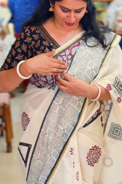 Kerala Saree with Geometic & Floral Print