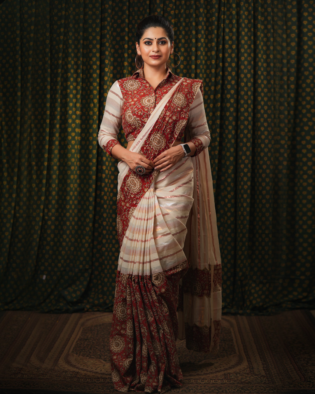 Off-white and Kalamkari Fusion Saree