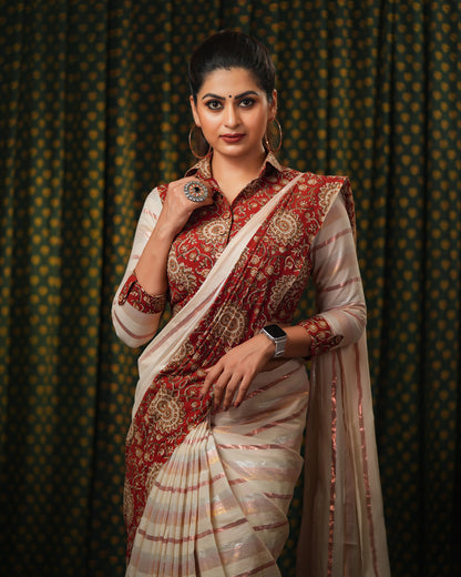 Off-white and Kalamkari Fusion Saree