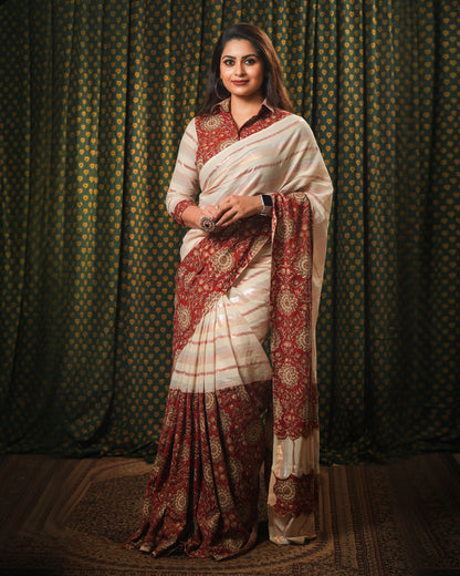 Off-white and Kalamkari Fusion Saree