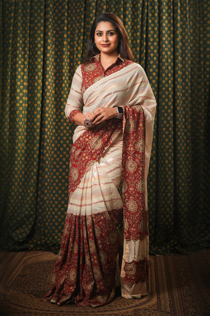 Off-white and Kalamkari Fusion Saree