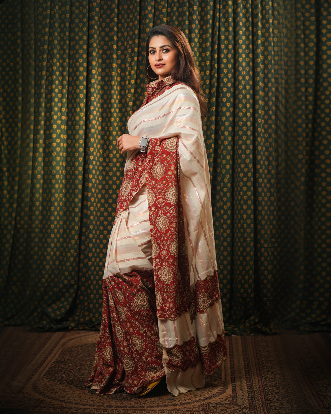 Off-white and Kalamkari Fusion Saree