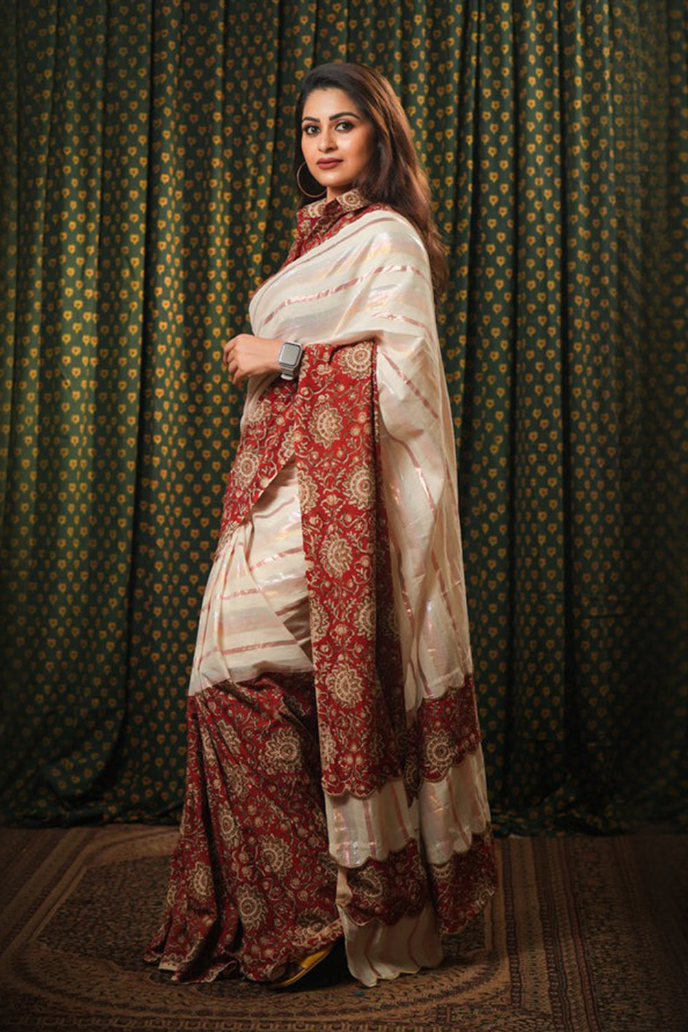 Off-white and Kalamkari Fusion Saree