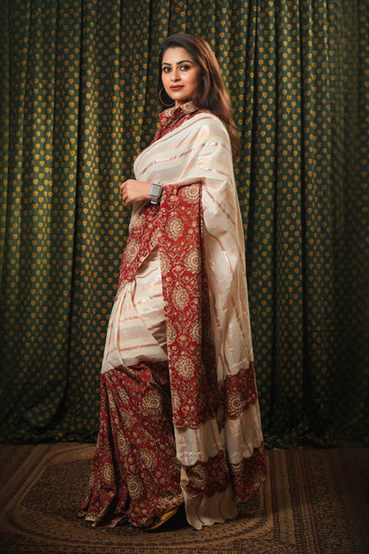 Off-white and Kalamkari Fusion Saree