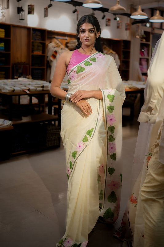 Off White Saree with Thiruthali Handpainted