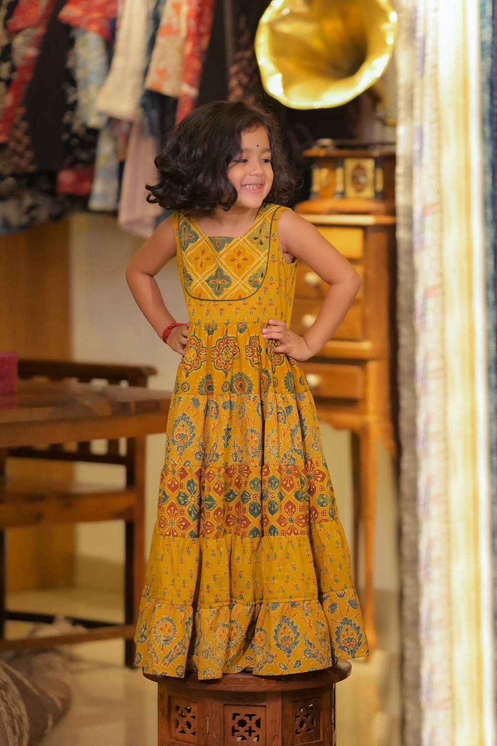 Yellow Ajrakh Tiered Dress