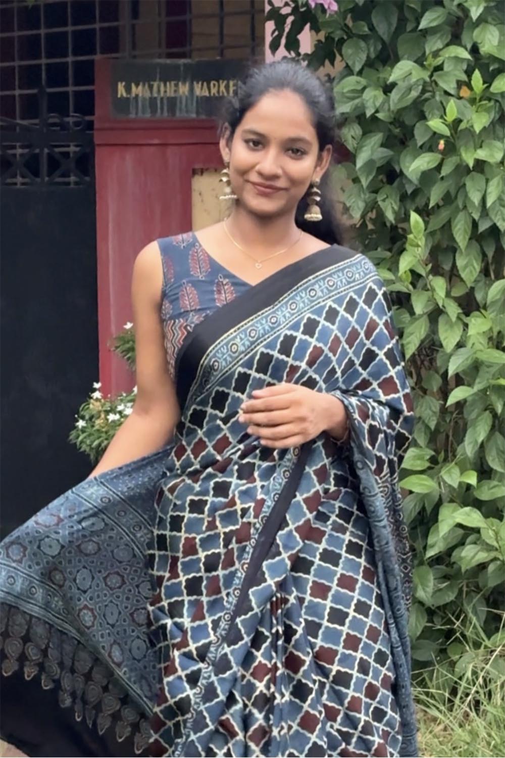 Blue Base Modal Silk Ajrakh Saree