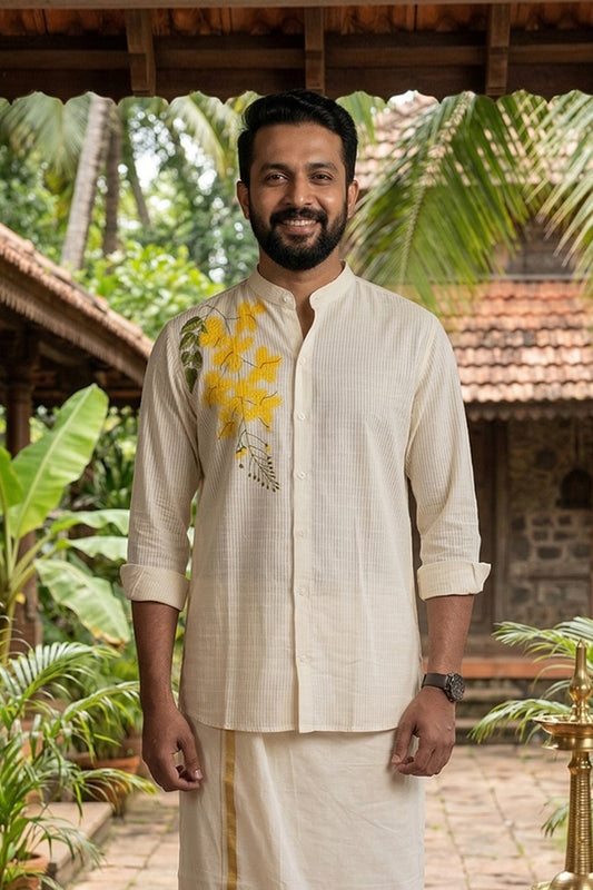 Offwhite Full Sleeve Chinese Collar Shirt with Kanikonna Handpainted