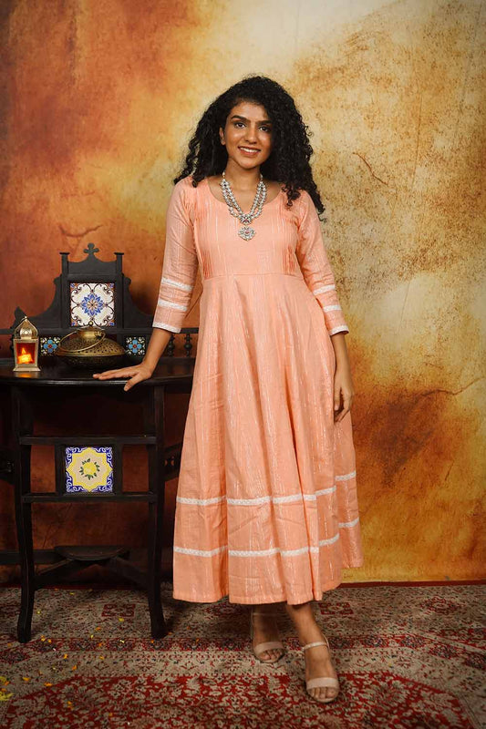 Peach Anarkali with Silver Zari Stripes