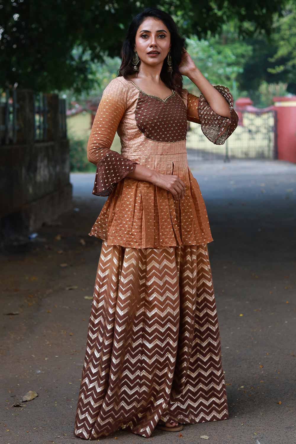 Brown Ombre Chanderi Top and Skirt Set