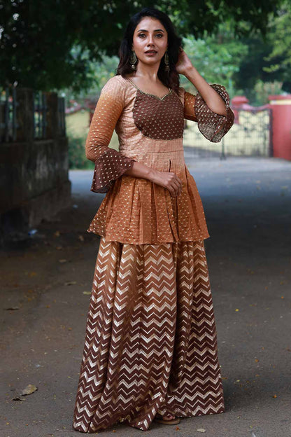 Brown Ombre Chanderi Top and Skirt Set