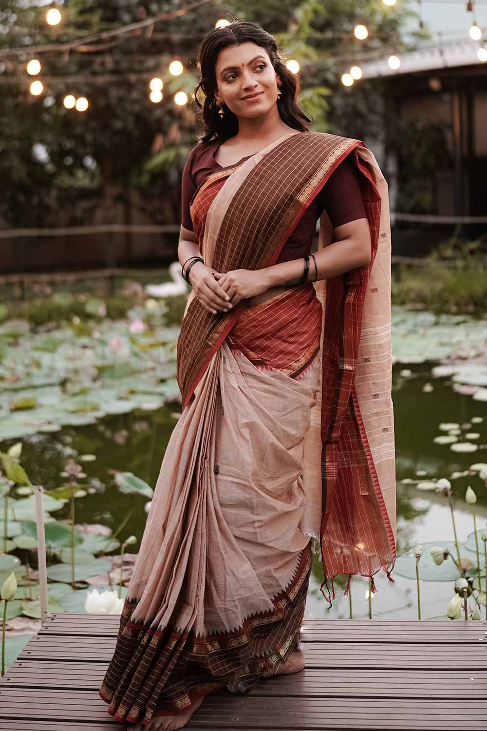 Light Taupe Narayanpet Saree with Brown Borders