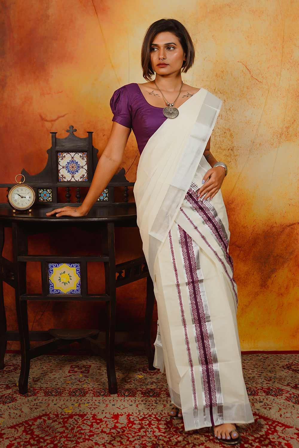 Kerala Set Mundu With Purple Border Byhand Kerala Set Mundu With Purple Border Byhand
