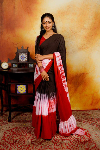 Black & Red Shibori Saree with Ruffles