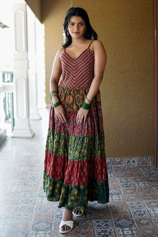 Red & Green Spaghetti Tiered Dress