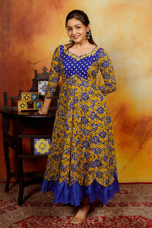 Yellow Anarkali with Blue Bandhani Yoke