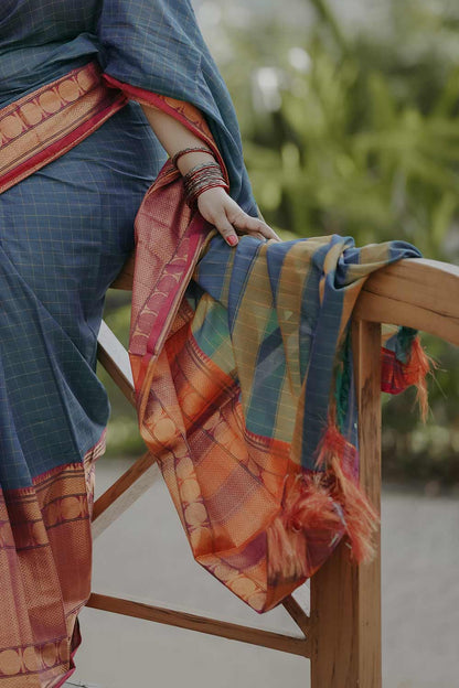 Narayanpet Peacock Blue Check Saree