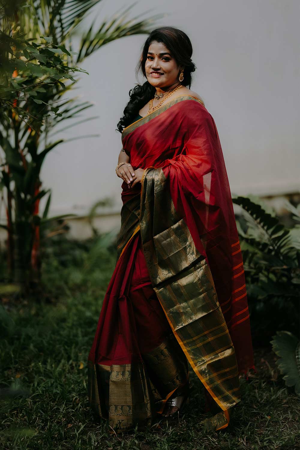 Red base Green Big Border Saree