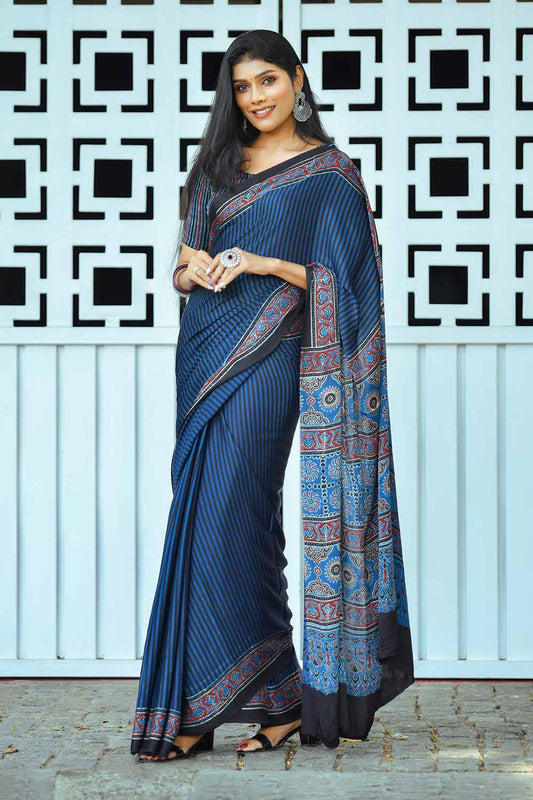 Blue Ajrakh Stripes Modal Silk Saree