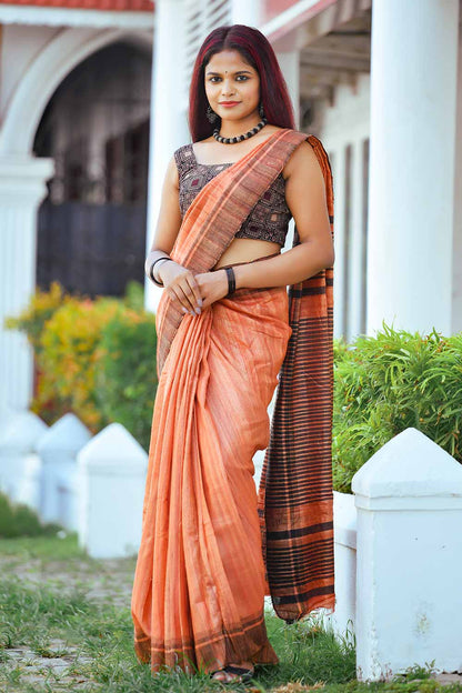 Burnt Orange Tussar Gicha Saree