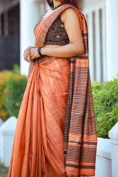 Burnt Orange Tussar Gicha Saree