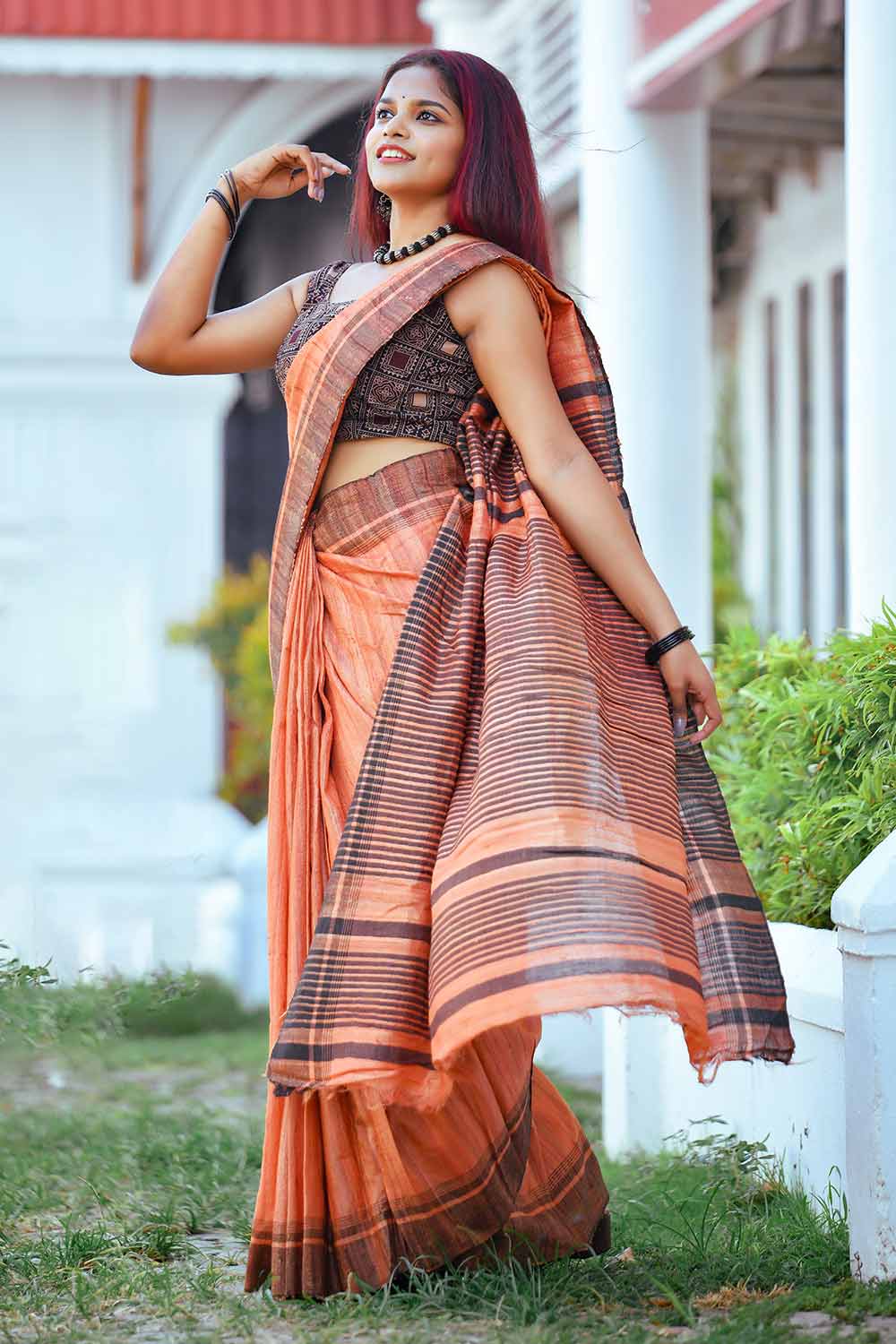 Burnt Orange Tussar Gicha Saree