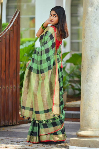 Green & Black Gingham Linen Saree with Golden Zari Border