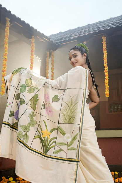 Dhashapushpam Handpainted Kerala Saree