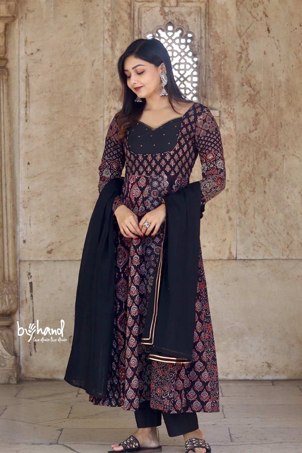 Ajrakh Black Multiprinted Anarkali