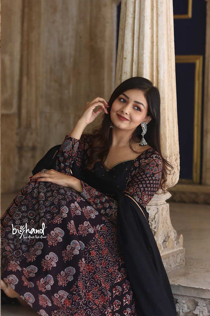 Ajrakh Black Multiprinted Anarkali