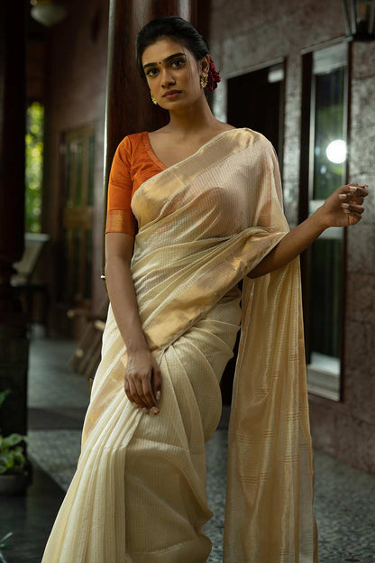 Off-White Maheshwari Silk Saree with Golden Checks