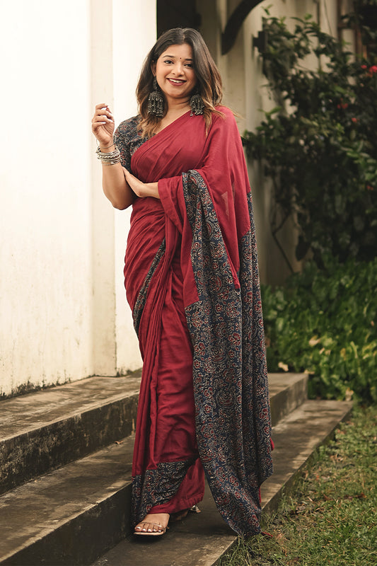 Maroon Mul cotton Saree with Ajrakh Border