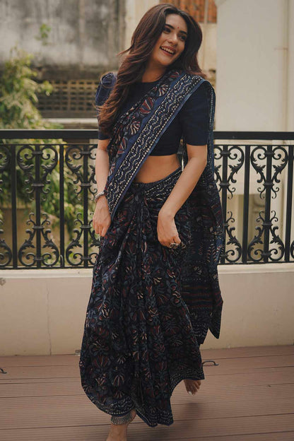 Jahota Hand Block printed Mul-mul Cotton Saree