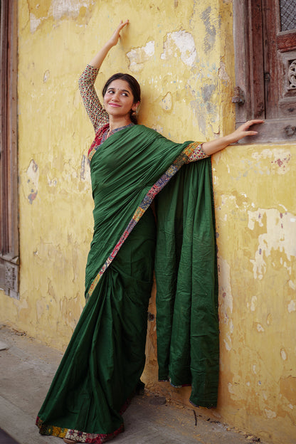 Green Saree with Multi Ajrakh Patch