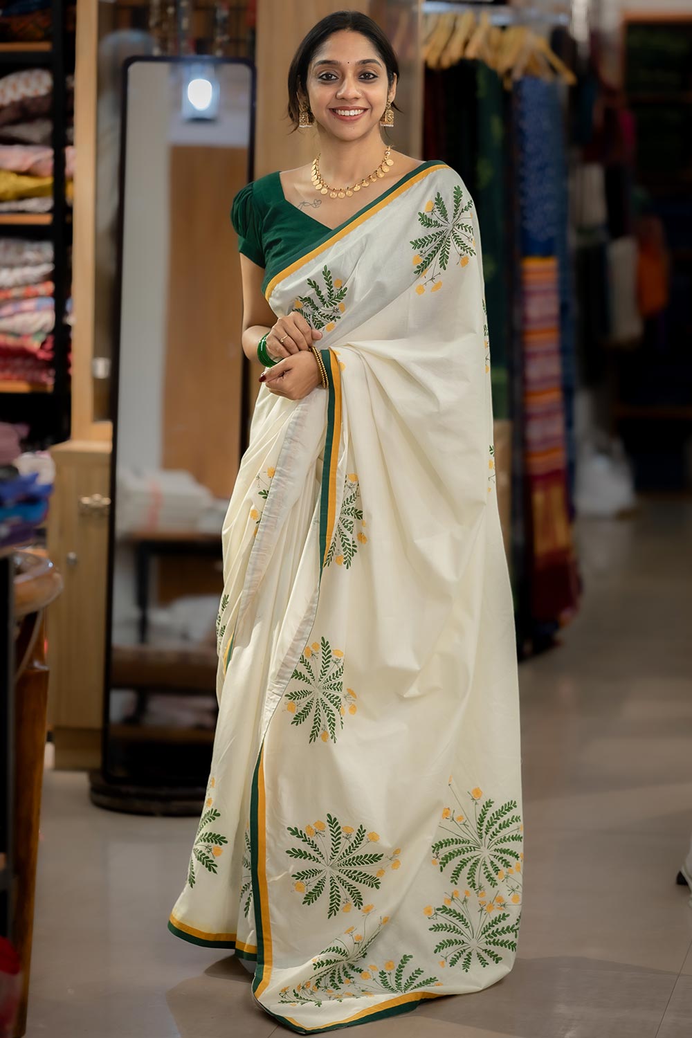 Off White Saree with Mukkooti handpainted