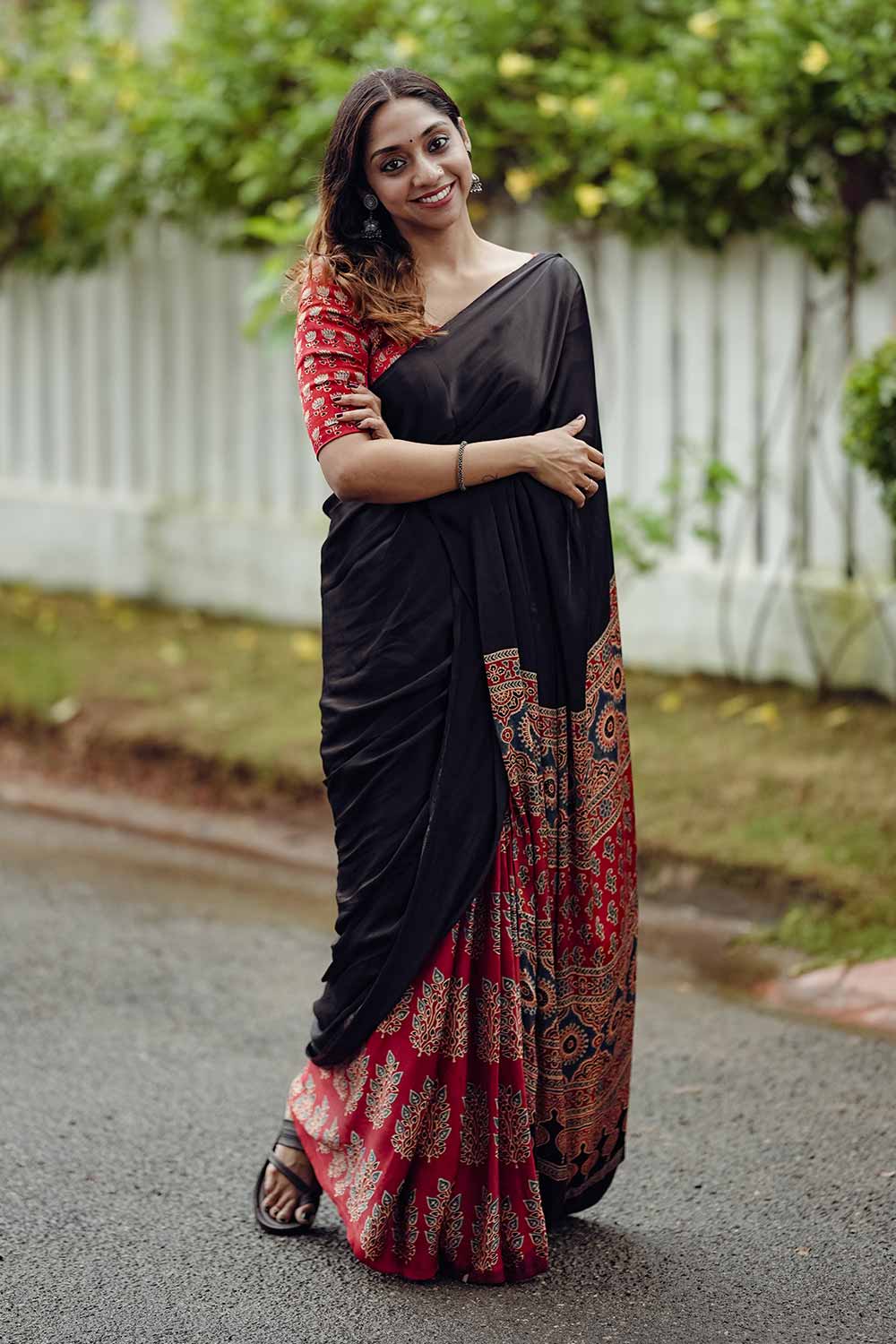 Black & Red Ajrakh Modal Silk Saree