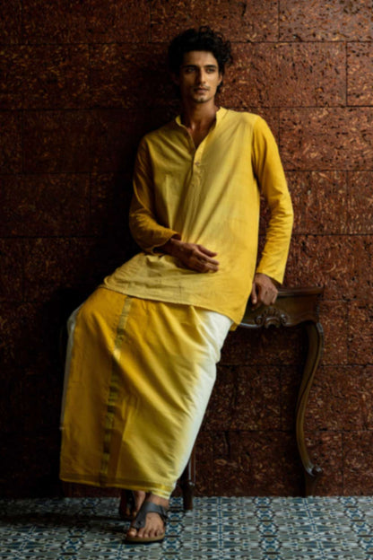 Kerala Kasavu Dhothi with yellow dyed border