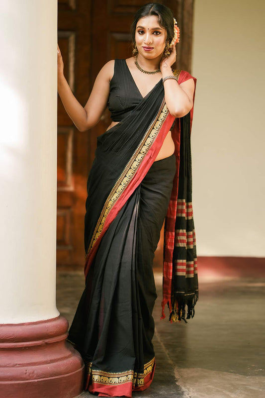 Handloom Cotton Saree Black with Red Border