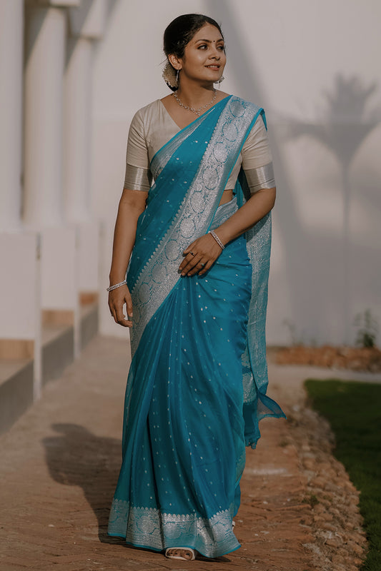 Banarasi Sky Blue Pure Silk Chiffon Saree