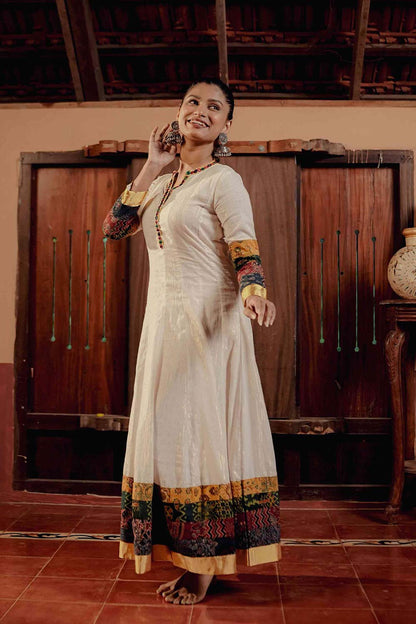 Offwhite Multipatch Anarkali With Embrodiered Collar