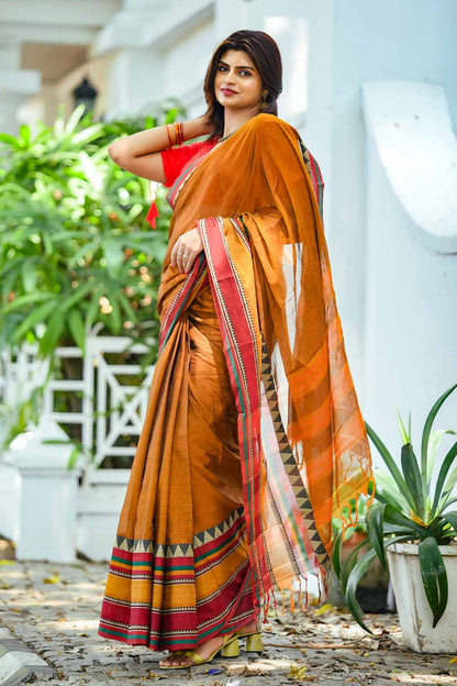 Narayan Pett Harvest Gold Saree with Green & Maroon Border