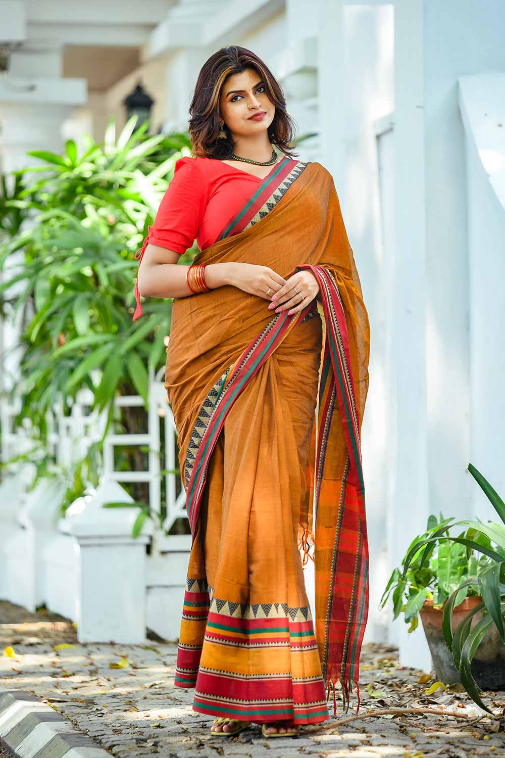 Narayan Pett Harvest Gold Saree with Green & Maroon Border