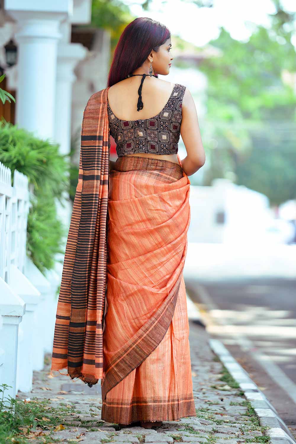 Burnt Orange Tussar Gicha Saree