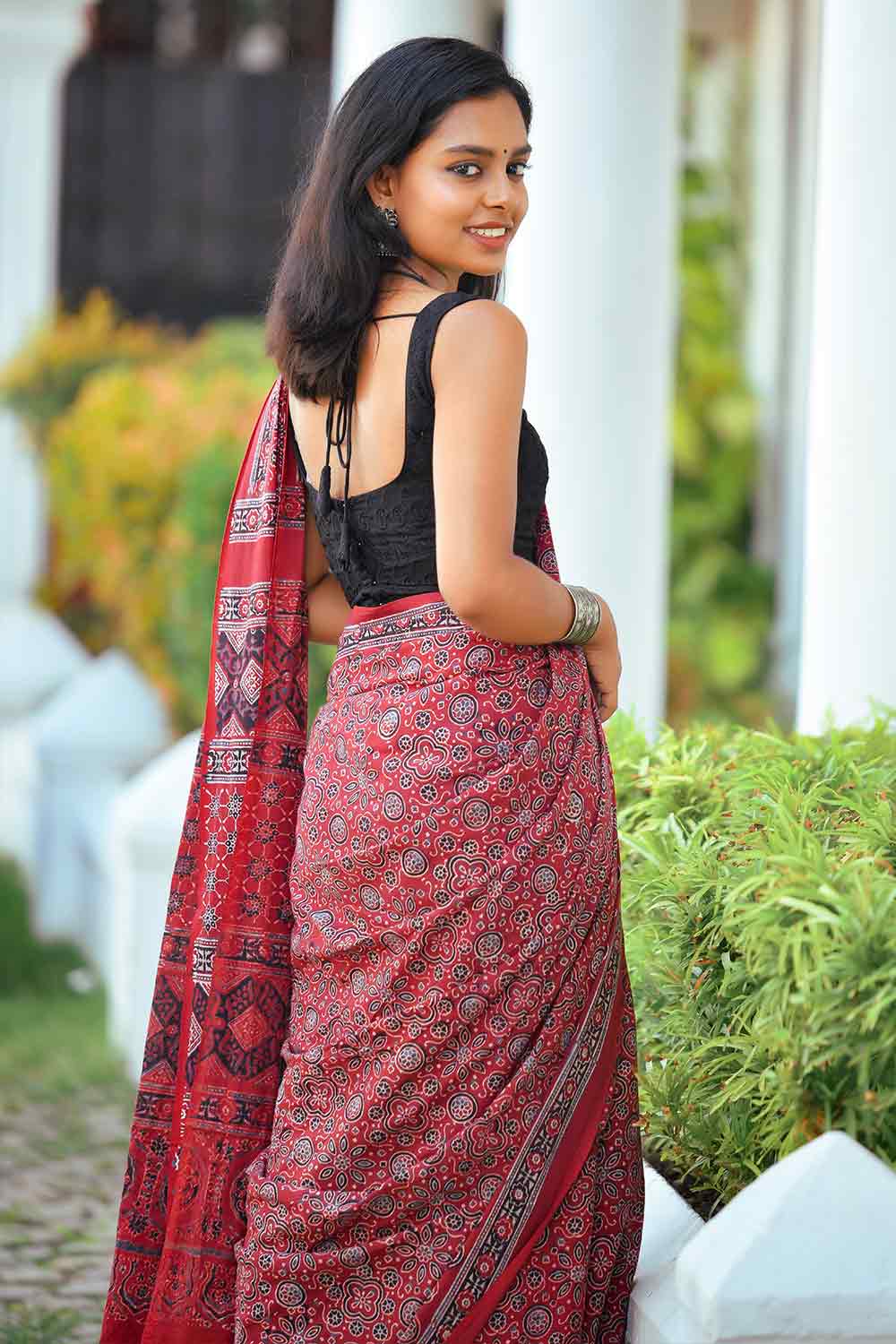 Maroon Ajrakh Printed Cotton Saree